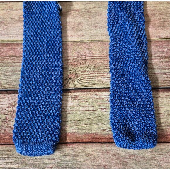Vintage Square End Silk Skinny Knit Blue Tie Mac Alan 1831 Retro MINT - Picture 2 of 8